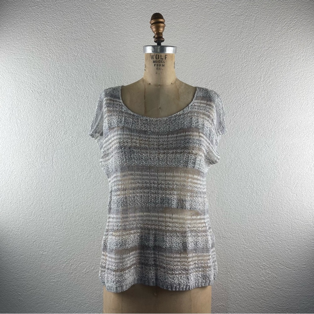 Eileen Fisher l S Linen Blend Semi-Sheer Loose Weave Striped Scoopneck Sweater